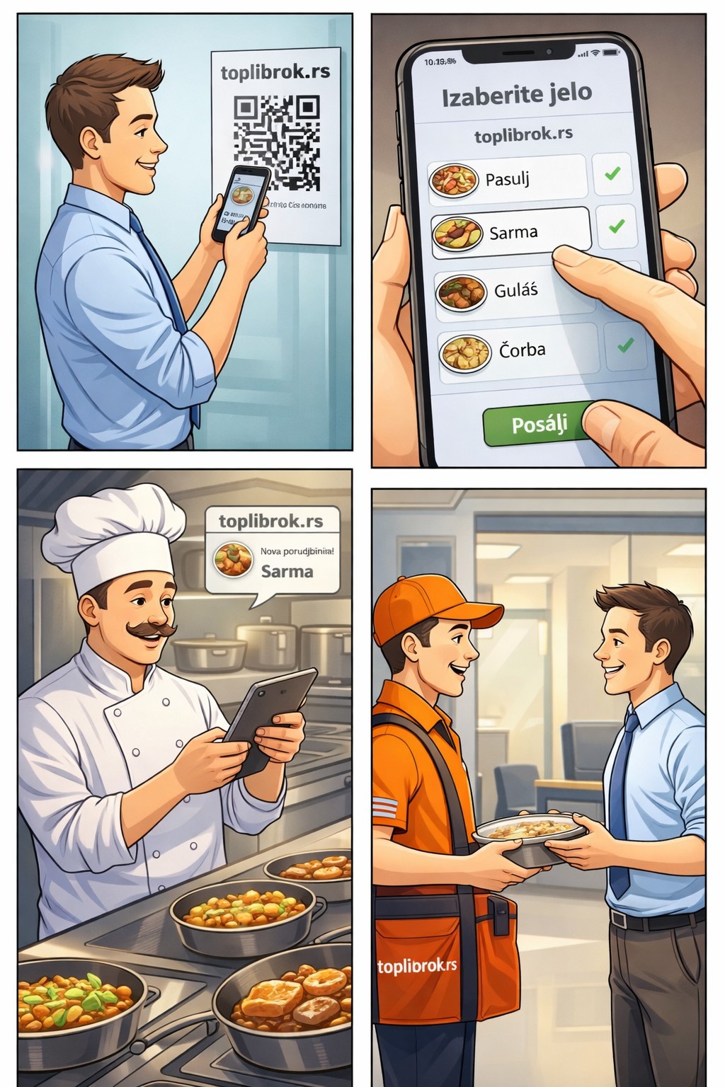Strip - radnik skenira QR, bira jelo, kuvar priprema, dostava nosi obrok